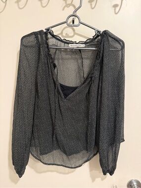 Abercrombie & Fitch Black Sheer Dot-Print Long Sleeve Blouse